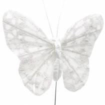 Motyl piórko z drutu biały, brokat 5szt 24szt