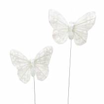 Motyl piórko z drutu biały, brokat 5szt 24szt