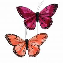 Motyl z piór z drutu kolor łososiowy i fioletowy 10cm 12 szt.