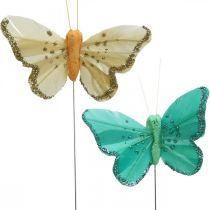 Motyl z brokatem, korki dekoracyjne, motylek piórkowy wiosenny żółty, turkusowy, zielony 4×6,5cm 24szt