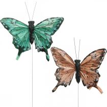 Motyle ozdobne, dekoracja wiosenna, motyle z piór, korki do roślin zielony, brązowy 9,5×12,5cm 12szt
