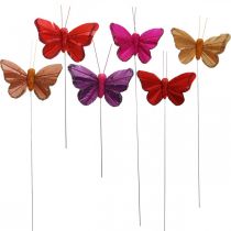 Wiosenne, piórkowe motyle z miką, deco motyl czerwony, pomarańczowy, różowy, fioletowy 4×6,5cm 24szt