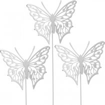 Wtyczka kwiatowa motyl, metalowa dekoracja ogrodowa, wtyczka do roślin shabby chic biała, srebrna L51cm 3szt