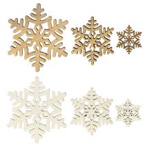 Produkt Drewniana dekoracja w kształcie płatków śniegu, biała, naturalna, 3/5/7 cm, różne kolory, 36 szt.