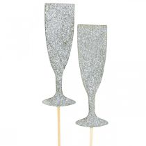 Produkt Ozdoba sylwestrowa kieliszek do szampana srebrne korki kwiatowe 9cm 18 szt