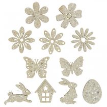 Drewniane dekoracje rozproszone, rozproszone kawałki wiosenne wielkanocne białe 2–4 cm 64szt
