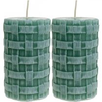 Świece z motywem plecionki, świece filarowe Rustic Green, świece dekoracyjne 110/65 2szt.
