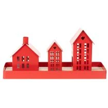Produkt Metalowy świecznik na podgrzewacze Domki Czerwony z tacką 35 cm 1 zestaw