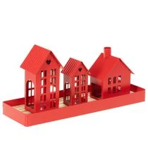 Produkt Metalowy świecznik na podgrzewacze Domki Czerwony z tacką 35 cm 1 zestaw