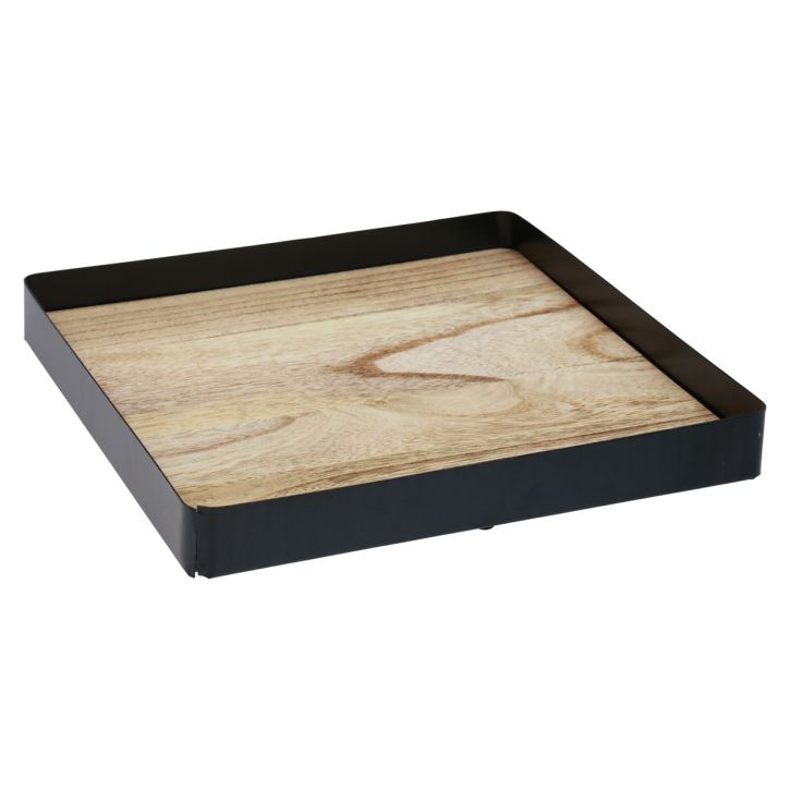 Taca dekoracyjna metalowa drewniana kwadratowa naturalna czarna 25,5×25,5×4cm