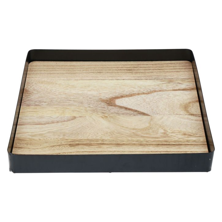 Taca dekoracyjna metalowa drewniana kwadratowa naturalna czarna 25,5×25,5×4cm