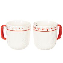 Produkt Kubek do kawy z czerwonym uchwytem, dzianinowym wzorem i serduszkami, ceramiczny, 9 cm, 2 sztuki
