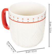 Produkt Kubek do kawy z czerwonym uchwytem, dzianinowym wzorem i serduszkami, ceramiczny, 9 cm, 2 sztuki