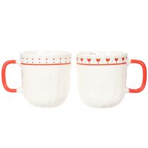 Produkt Kubek do kawy z czerwonym uchwytem, dzianinowym wzorem i serduszkami, ceramiczny, 9 cm, 2 sztuki