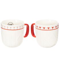 Produkt Kubek do kawy z czerwonym uchwytem, dzianinowym wzorem i serduszkami, ceramiczny, 9 cm, 2 sztuki
