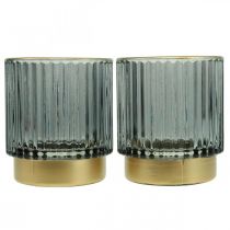 Szklany lampion prążkowany świecznik na tealighty złoty/szary W8cm 2szt