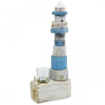 Drewniana latarnia morska ze szkła tea light dekoracja morska niebieska, biała wys.38cm