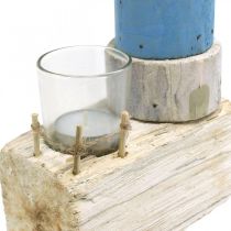 Drewniana latarnia morska ze szkła tea light dekoracja morska niebieska, biała wys.38cm
