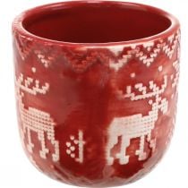 Dekoracja ceramiczna z reniferem, dekoracja adwentowa, sadzarka z norweskim wzorem czerwono-biała Ø7,5cm H7cm 6szt.