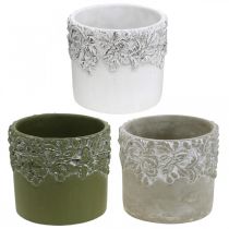 Produkt Doniczka ceramiczna, doniczka z dekorem dębu, doniczka zielona/biała/szara Ø13cm H11,5cm Zestaw 3 szt.