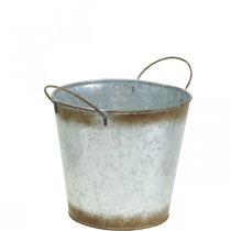 Produkt Donica metalowa, miska na kwiaty, doniczka z uchwytami srebrna, patyna Ø18cm W20cm