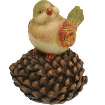 Stół do dekoracji jesiennych, dekoracja ptak, szyszki dekoracyjne, figurka ptaka wys. 19 cm