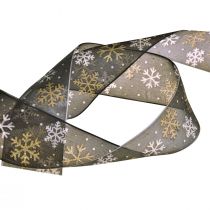 Świąteczna wstążka z organzy w kształcie płatków śniegu w kolorze czarnego złota 40mm 15m