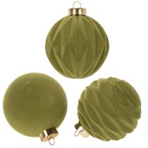 Produkt Bombka choinkowa, aksamitna, zielona, mix tekstur, 8 cm, 12 sztuk. Bombka świąteczna, flokowana w kolorze zieleni mchu, plastikowe bombki, flokowane w kolorze zieleni mchu. Bawełniany sznurek w zestawie do każdej bombki.