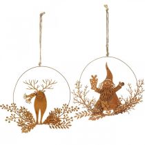 Produkt Ozdobny pierścionek na Boże Narodzenie, renifer w pierścionku, Święty Mikołaj z prezentem, metalowa ozdoba patyna Ø18cm zestaw 2 szt.