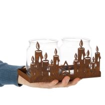 Produkt Metalowa latarnia ze szklanym wkładem, wykończenie z rdzawego metalu, dekoracyjny świecznik, 21,5 cm