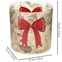 Produkt Szklany świecznik wotywny z czerwoną wstążką i zimowymi gałązkami, 15 cm