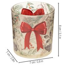 Produkt Szklany świecznik wotywny z gałązkami świątecznymi i czerwoną wstążką, 8cm, 2 sztuki