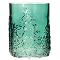 Produkt Szklany świecznik typu tealight z reliefem jodeł, dekoracja świąteczna, 16 cm