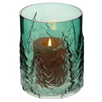Produkt Szklany świecznik typu tealight z reliefem jodeł, dekoracja świąteczna, 16 cm