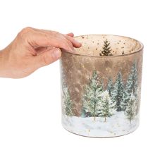 Produkt Szklany świecznik typu tealight z motywem lasu jodłowego, zimowa dekoracja, 15 cm