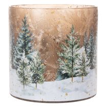 Produkt Szklany świecznik typu tealight z zimowym lasem w śniegu, dekoracja świąteczna, 20 cm