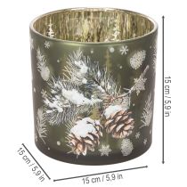 Produkt Szklany świecznik typu tealight z szyszkami i płatkami śniegu, 15 cm