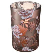 Produkt Szklana latarnia w kolorze brązowo-srebrno-różowym goździki W18cm