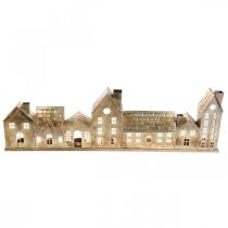 Świąteczna diorama, metalowa dekoracja z oświetleniem, świecące domy złote, styl vintage dł.67,5cm wys.20cm