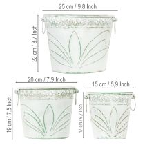 Produkt Doniczka metalowa z tłoczonym wzorem i uchwytami, biało-zielona, w stylu shabby chic, wys. 22/19,5/17,5 cm, śr. 25,5/20,5/15,5 cm, zestaw 3 szt.
