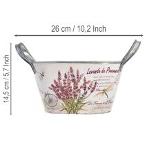 Produkt Owalna metalowa misa na kwiaty z uchwytami, lawenda, 26×13×14,5 cm