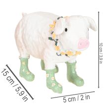 Produkt Dekoracyjna świnka w gumiakach – Zabawna figurka farmera z wieńcem kwiatowym 15,5 cm
