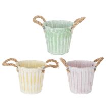Produkt Doniczka dekoracyjna, metalowe wiaderko do sadzenia, doniczka z uchwytami, różowo-zielono-żółta, shabby chic, Ø15cm, wys.13cm, zestaw 3 elementów