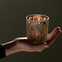 Produkt Dekoracyjny szklany lampion z motywem kwiatowym, stanowiący nastrojowy akcent w domu, 8 cm, 4 sztuki.