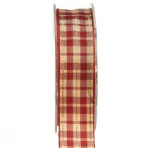Produkt Wstążka dekoracyjna, wstążka ozdobna, wstążka w kratkę, czerwona, beżowa, złota, szer. 25mm, dł. 20m