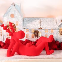 Produkt Dekoracyjna figurka renifera w kolorze czerwonym, leżąca, nowoczesny design, 24 cm, 2 sztuki