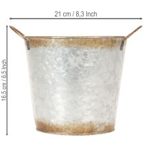 Produkt Doniczka dekoracyjna z uchwytami, wiaderko do sadzenia, pojemnik metalowy, kolor srebrny, stal patynowana, Ø17cm, wys. 16,5cm