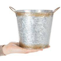 Produkt Doniczka dekoracyjna z uchwytami, wiaderko do sadzenia, pojemnik metalowy, kolor srebrny, stal patynowana, Ø17cm, wys. 16,5cm