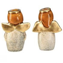 Produkt Uroczy duet aniołów wykonany z ceramiki w kolorze kremowej bieli ze złotymi akcentami - 8,6 cm - Niebiańskie figurki dekoracyjne - 2 szt.