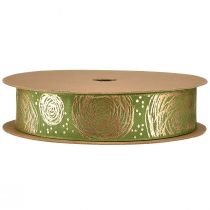 Produkt Wstążka prezentowa ze złotymi różyczkami Wstążka jubilerska zielona 25mm 15m